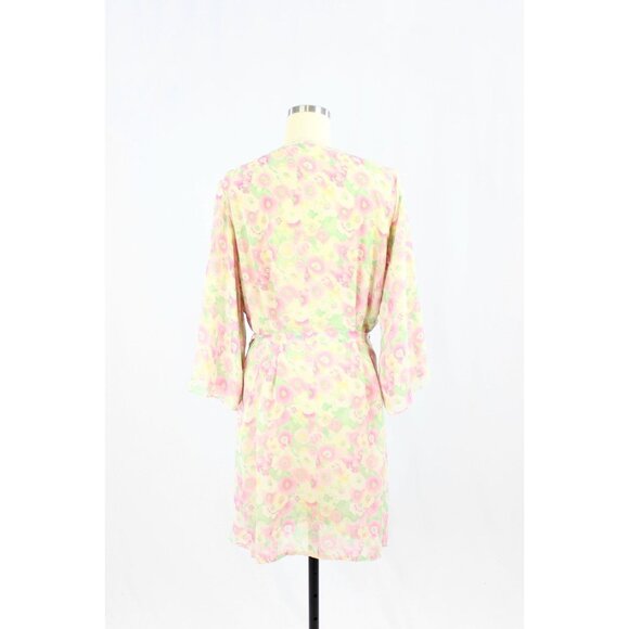 Vintage OSCAR DE LA RENTA Pink Green Floral Print Chiffon Robe, Size L - Picture 3 of 16